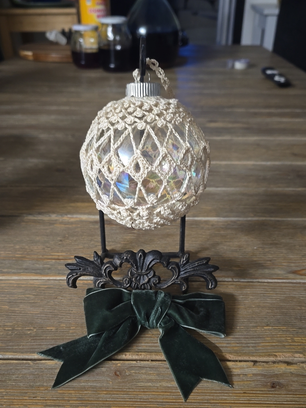 Holiday Iridescent Glass Ornament with Cream Crochet Cover